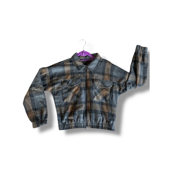 Plaid Zip-Up Cropped Bomber Jacket Size Small | Fall Shacket Aesthetic - Picture 7 of 16
